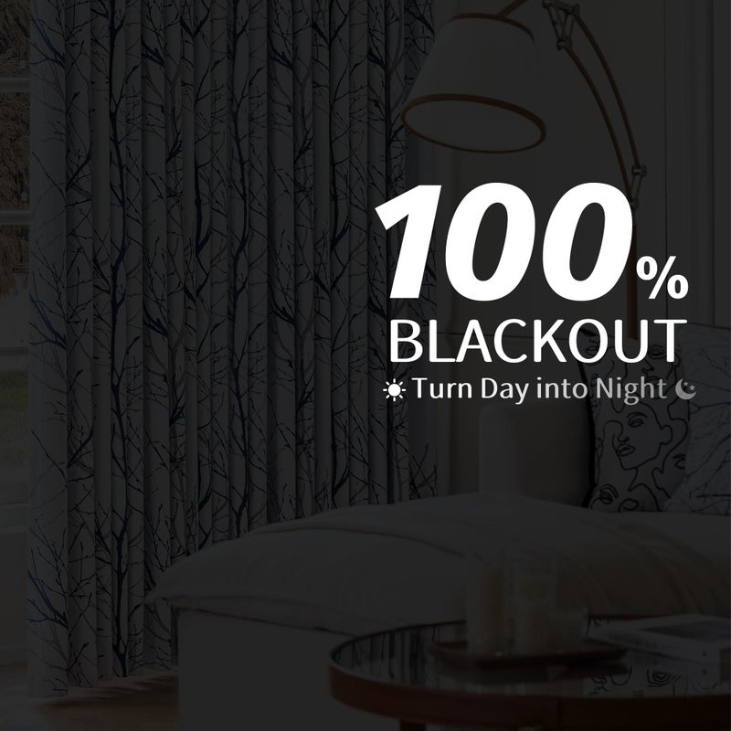 FMFUNCTEX 100% Blackout Curtains for Bedroom, Blue White Tree Curtains 84 Inches Long for Living Room, Grey Farmhouse Room Darkening Window Curtains for Summer Winter 2 Panels Grommet Top - Image 3