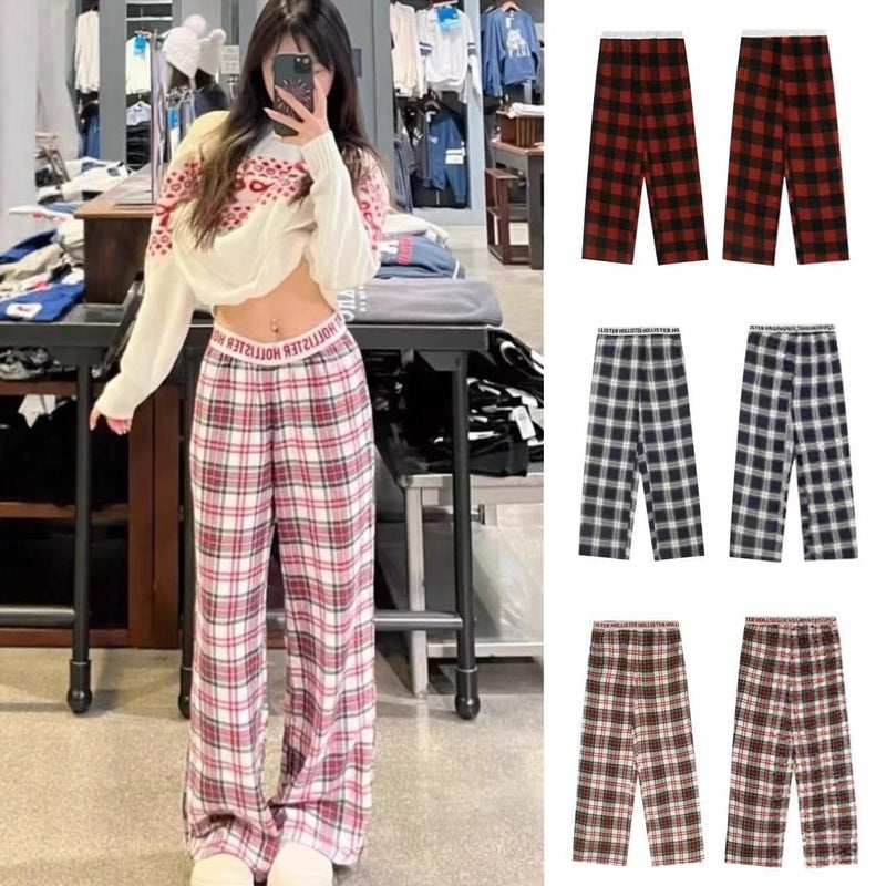 Trendy Brand Hollister American Retro Style Small Seagull Plaid Letter Tape Casual Versatile Pajama Pants Plaid Long Pants - Image 3