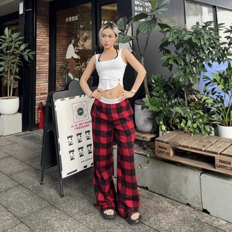 Trendy Brand Hollister American Retro Style Small Seagull Plaid Letter Tape Casual Versatile Pajama Pants Plaid Long Pants - Image 4