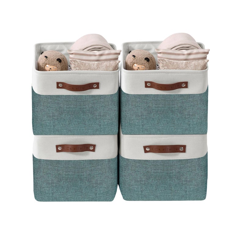 DECOMOMO Storage Bins Fabric Storage Baskets for Shelves Linen Closet Organization Toys Nursery Green and White Large  4 Pack