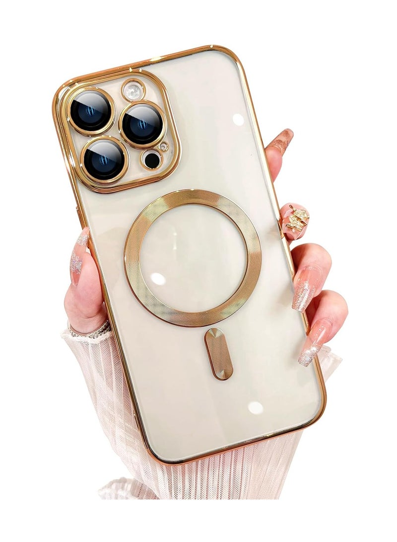 حافظة هاتف مغناطيسية شفافة لهاتف iPhone 16 Pro Max، تصميم حافة مضادة للانزلاق مطلية بالكريستال الشفاف [متوافقة مع شحن Magsafe] غطاء ناعم لحماية عدسة الكاميرا للنساء والرجال (ذهب) - Image 1