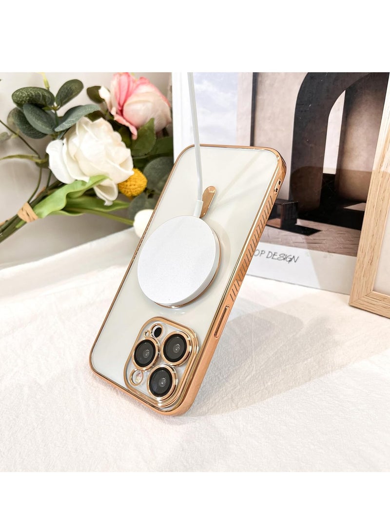 حافظة هاتف مغناطيسية شفافة لهاتف iPhone 16 Pro Max، تصميم حافة مضادة للانزلاق مطلية بالكريستال الشفاف [متوافقة مع شحن Magsafe] غطاء ناعم لحماية عدسة الكاميرا للنساء والرجال (ذهب) - Image 3