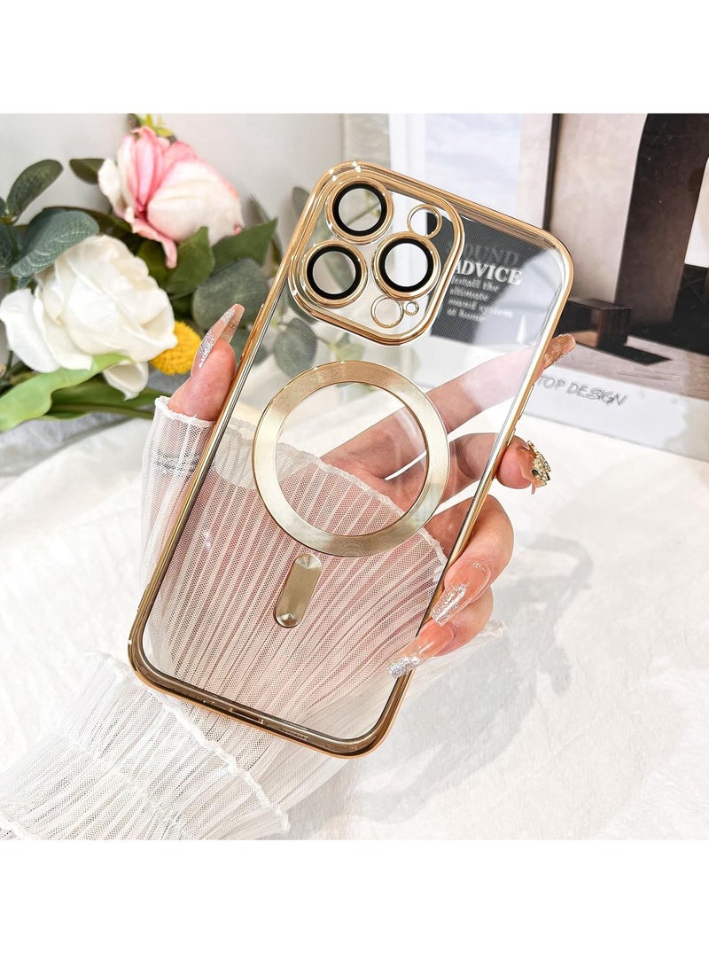 حافظة هاتف مغناطيسية شفافة لهاتف iPhone 16 Pro Max، تصميم حافة مضادة للانزلاق مطلية بالكريستال الشفاف [متوافقة مع شحن Magsafe] غطاء ناعم لحماية عدسة الكاميرا للنساء والرجال (ذهب) - Image 4