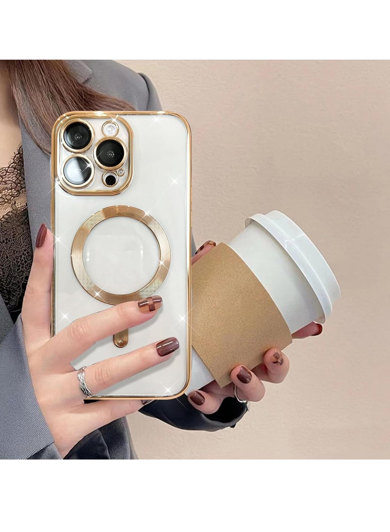 حافظة هاتف مغناطيسية شفافة لهاتف iPhone 16 Pro Max، تصميم حافة مضادة للانزلاق مطلية بالكريستال الشفاف [متوافقة مع شحن Magsafe] غطاء ناعم لحماية عدسة الكاميرا للنساء والرجال (ذهب) - Image 5