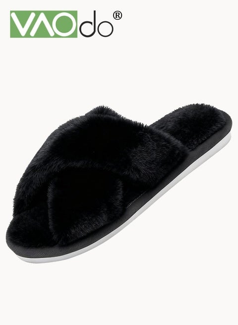 Womens Fuzzy Memory Foam Slippers Cross Band Cozy Plush Home Slippers Fluffy Furry Open Toe House Shoes Indoor Outdoor Slide Slipper Black