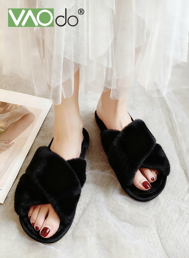 VAOdo Womens Fuzzy Memory Foam Slippers Cross Band Cozy Plush Home Slippers Fluffy Furry Open Toe House Shoes Indoor Outdoor Slide Slipper Black - Image 5