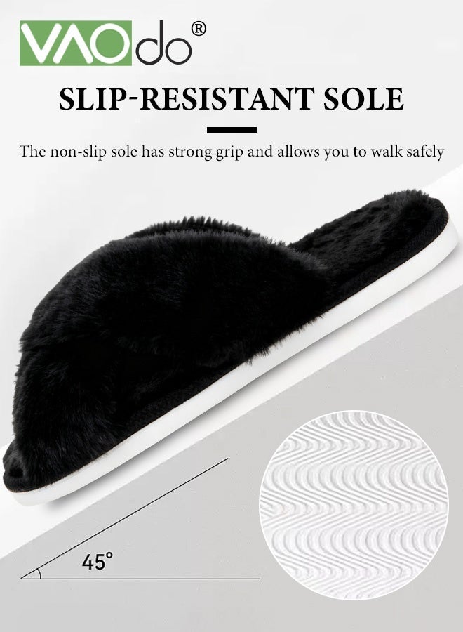 VAOdo Womens Fuzzy Memory Foam Slippers Cross Band Cozy Plush Home Slippers Fluffy Furry Open Toe House Shoes Indoor Outdoor Slide Slipper Black - Image 4