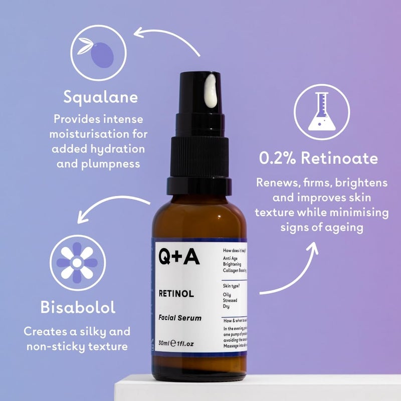 Q+A Retinol Facial Serum (30ml), Face Serum Skincare with Retinol, Squalane & Bisabolol, Smooths Fine Lines, Evens Skin Tone & Boosts Radiance, Vegan & Fragrance Free - Image 3