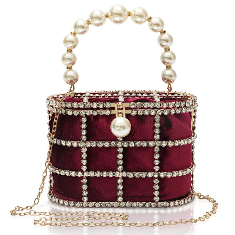 CARIEDO Evening Handbag Women Clutch Purses with Pearl Diamonds for Wedding Prom Birthday Party Dinner Accessories (Maroon) - Image 1
