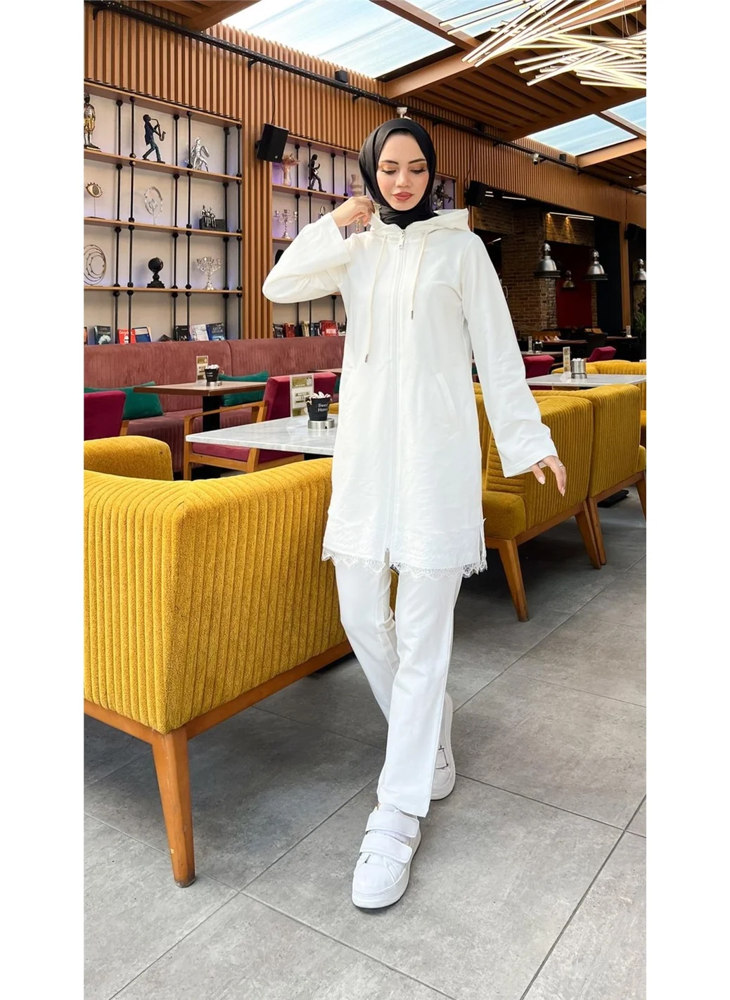 Bwest Zippered Hooded Lace Patterned Tunic Trousers Two Piece Sports Suit - 71158 - Cream
