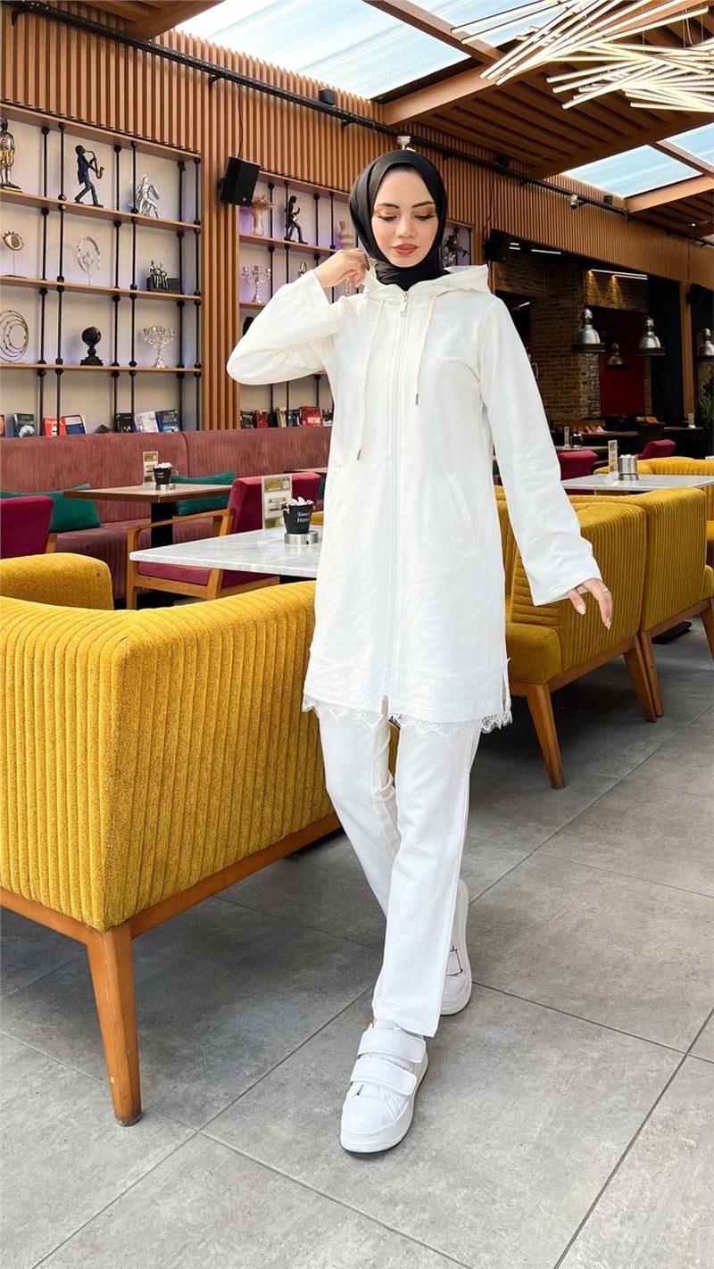 Bwest Zippered Hooded Lace Patterned Tunic Trousers Two Piece Sports Suit - 71158 - Cream - Image 1