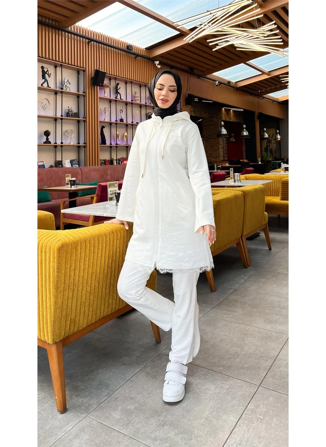 Bwest Zippered Hooded Lace Patterned Tunic Trousers Two Piece Sports Suit - 71158 - Cream