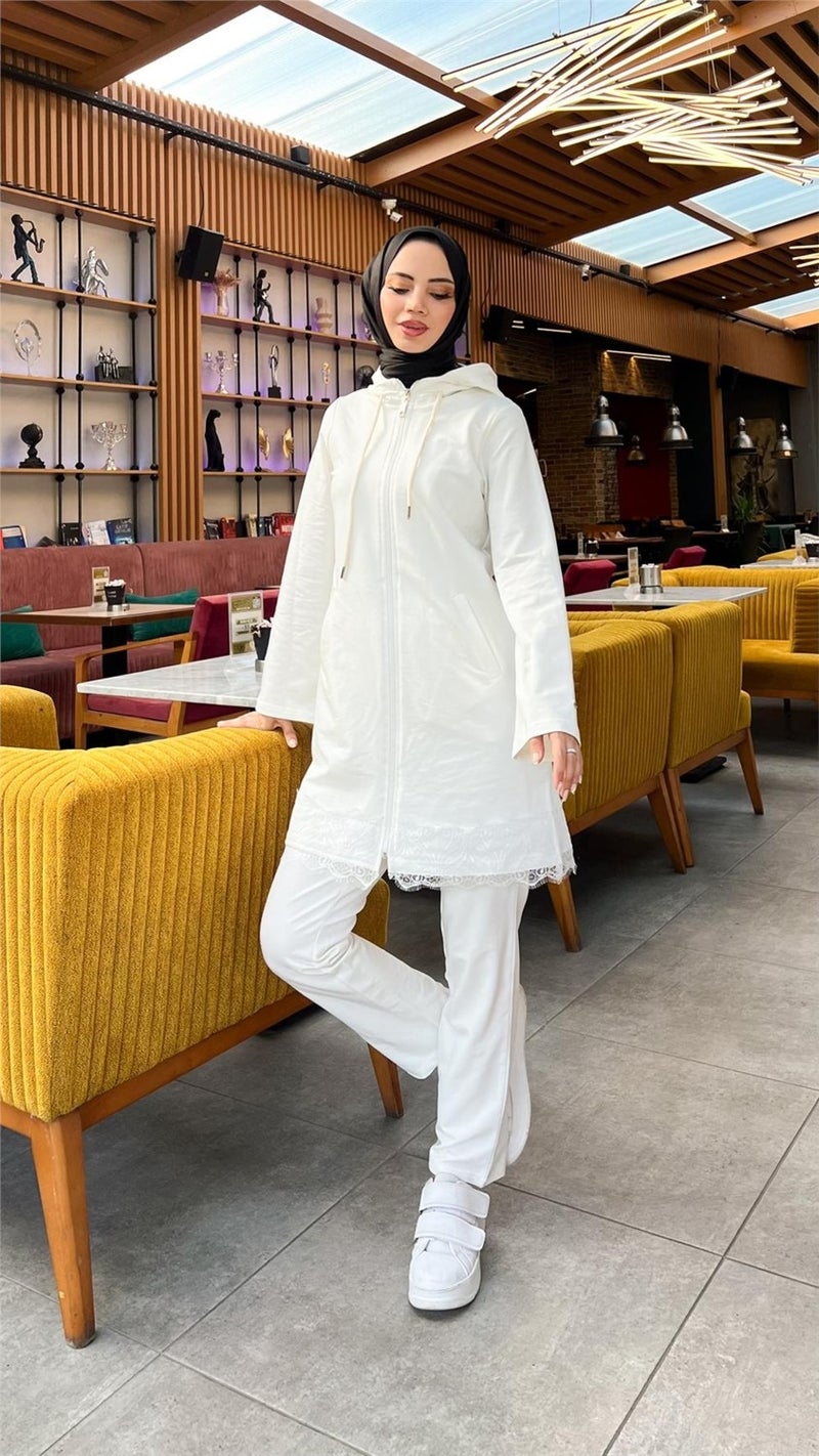 Bwest Zippered Hooded Lace Patterned Tunic Trousers Two Piece Sports Suit - 71158 - Cream - Image 2