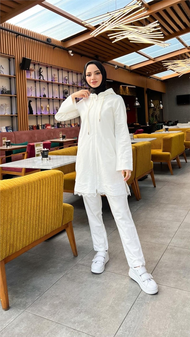 Bwest Zippered Hooded Lace Patterned Tunic Trousers Two Piece Sports Suit - 71158 - Cream - Image 5