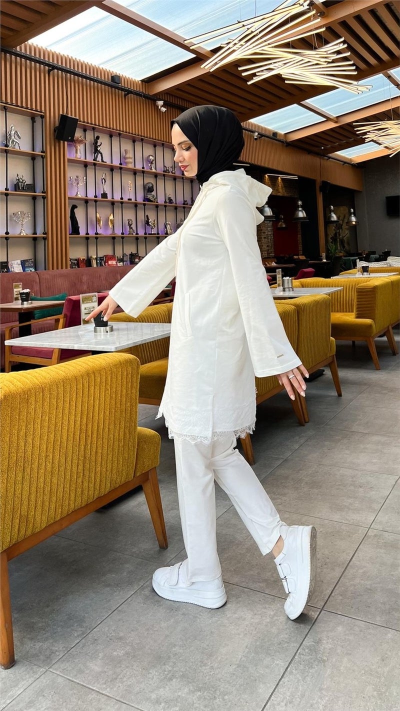 Bwest Zippered Hooded Lace Patterned Tunic Trousers Two Piece Sports Suit - 71158 - Cream - Image 3