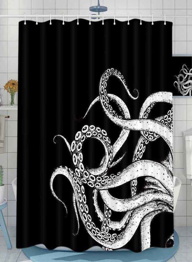 VEIGIKE Octopus Decor Shower Curtain for Bathroom, Funny Black and White Sea Monster Kraken Animal Goth Fabric Shower Curtains Set, Unique Novelty Nautical Gothic Restroom Accessories with Hooks 72X72 - Image 3