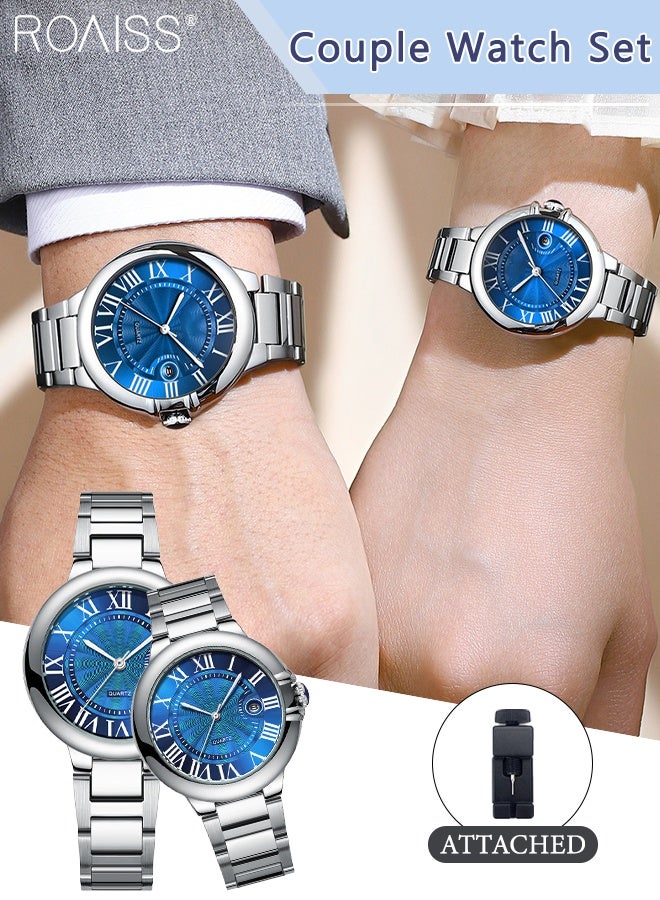 roaiss 2 Pcs Light Luxurious Quartz Couple Watch, Analog Display Round Blue Dial with Calendar Window, Waterproof Classic Fashion Wristwatch, as Gift for Men and Women - Image 1