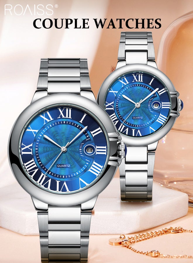 roaiss 2 Pcs Light Luxurious Quartz Couple Watch, Analog Display Round Blue Dial with Calendar Window, Waterproof Classic Fashion Wristwatch, as Gift for Men and Women - Image 2