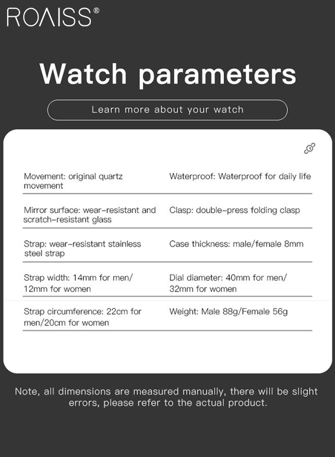 roaiss 2 Pcs Light Luxurious Quartz Couple Watch, Analog Display Round Blue Dial with Calendar Window, Waterproof Classic Fashion Wristwatch, as Gift for Men and Women - Image 3