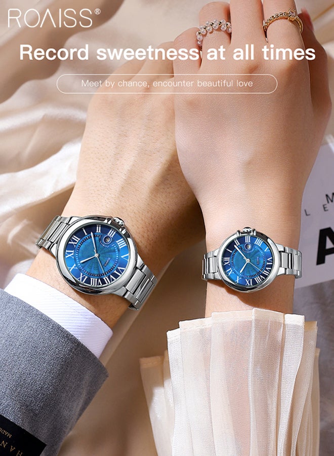 roaiss 2 Pcs Light Luxurious Quartz Couple Watch, Analog Display Round Blue Dial with Calendar Window, Waterproof Classic Fashion Wristwatch, as Gift for Men and Women - Image 5