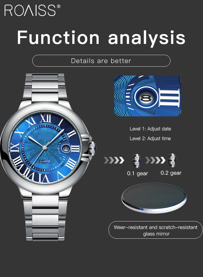 roaiss 2 Pcs Light Luxurious Quartz Couple Watch, Analog Display Round Blue Dial with Calendar Window, Waterproof Classic Fashion Wristwatch, as Gift for Men and Women - Image 4