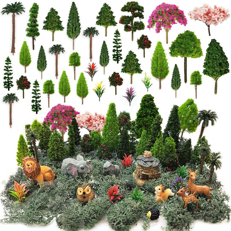 OrgMemory 45 Pcs Animal Tree, Moss, Forest Animals Figures, Plastic Trees for Projects, Model Train Scenery with No Bases, Miniature Trees Diorama Hobby Train Scenery - Image 1