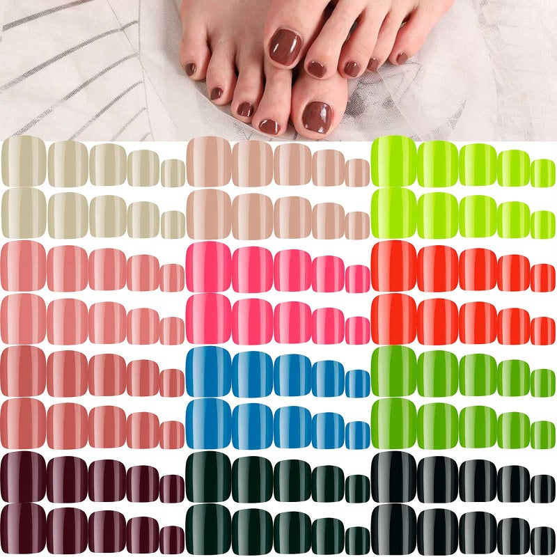 Maitys 288 Pieces 12 Sets Short Square Artificial Toe Nail Tips - Press on Glossy Full Cover Fake Nails for DIY Manicure (Chic-color Pattern) - Image 1
