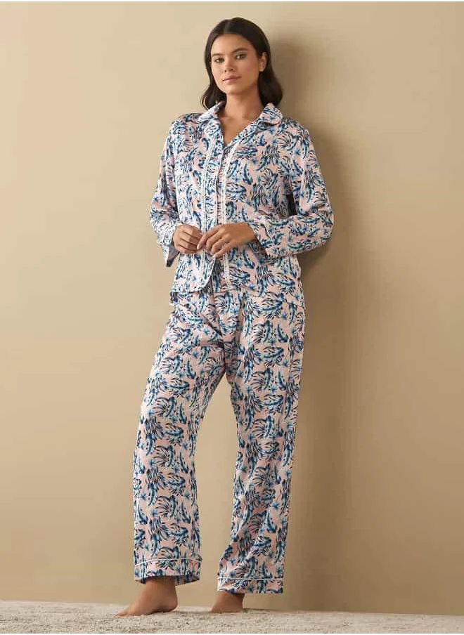 فاف All-Over Floral Print Laced Long Sleeve Shirt and Elasticated Pyjama Set