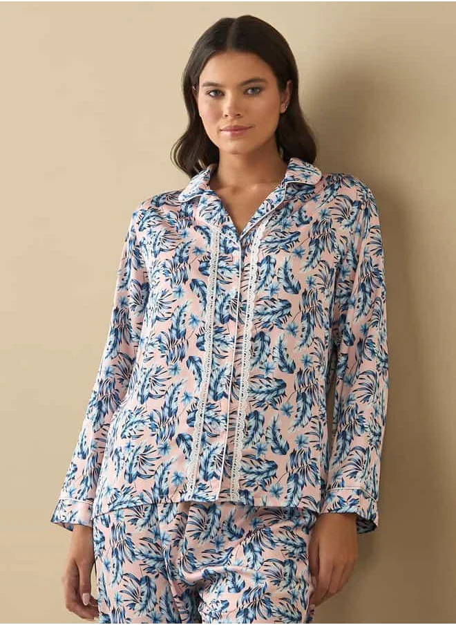 فاف All-Over Floral Print Laced Long Sleeve Shirt and Elasticated Pyjama Set
