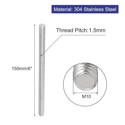 uxcell M10 x 150mm 304 Stainless Steel Right Hand Thread Fully Threaded Rod Stud 5PCS - Image 2