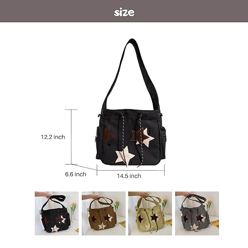 KANGDAWEI Y2K Star Canvas Messenger Bag, Cute Tote Bags Aesthetic, Small Shoulder Travel Crossbody Bags For Women (Black) - Image 2