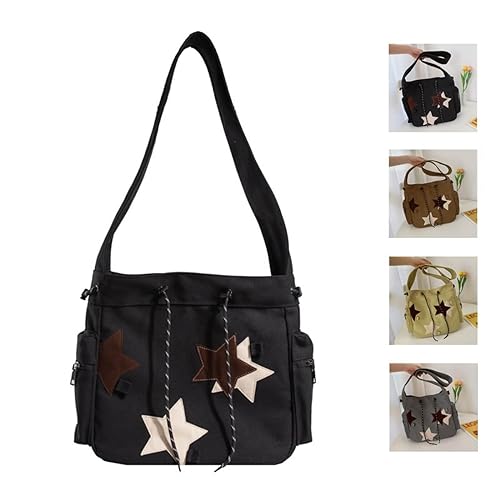 KANGDAWEI Y2K Star Canvas Messenger Bag, Cute Tote Bags Aesthetic, Small Shoulder Travel Crossbody Bags For Women (Black) - Image 1