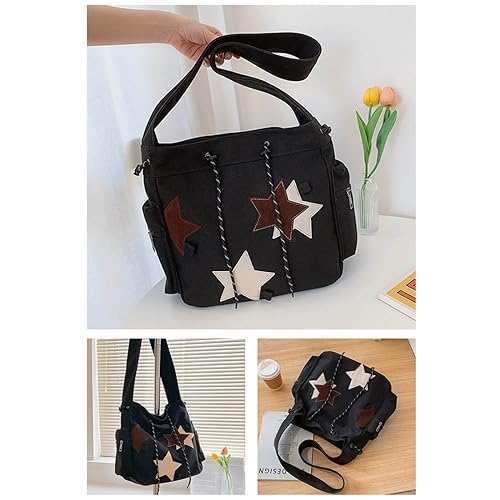 KANGDAWEI Y2K Star Canvas Messenger Bag, Cute Tote Bags Aesthetic, Small Shoulder Travel Crossbody Bags For Women (Black) - Image 5