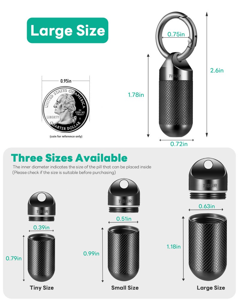 TISUR Small Pill Keychain Container, Mini Portable Titanium Keychain Pill Holder, Pocket Travel Bottle Metal Purse Box Case Black (Large Black-0.63inch) - Image 2