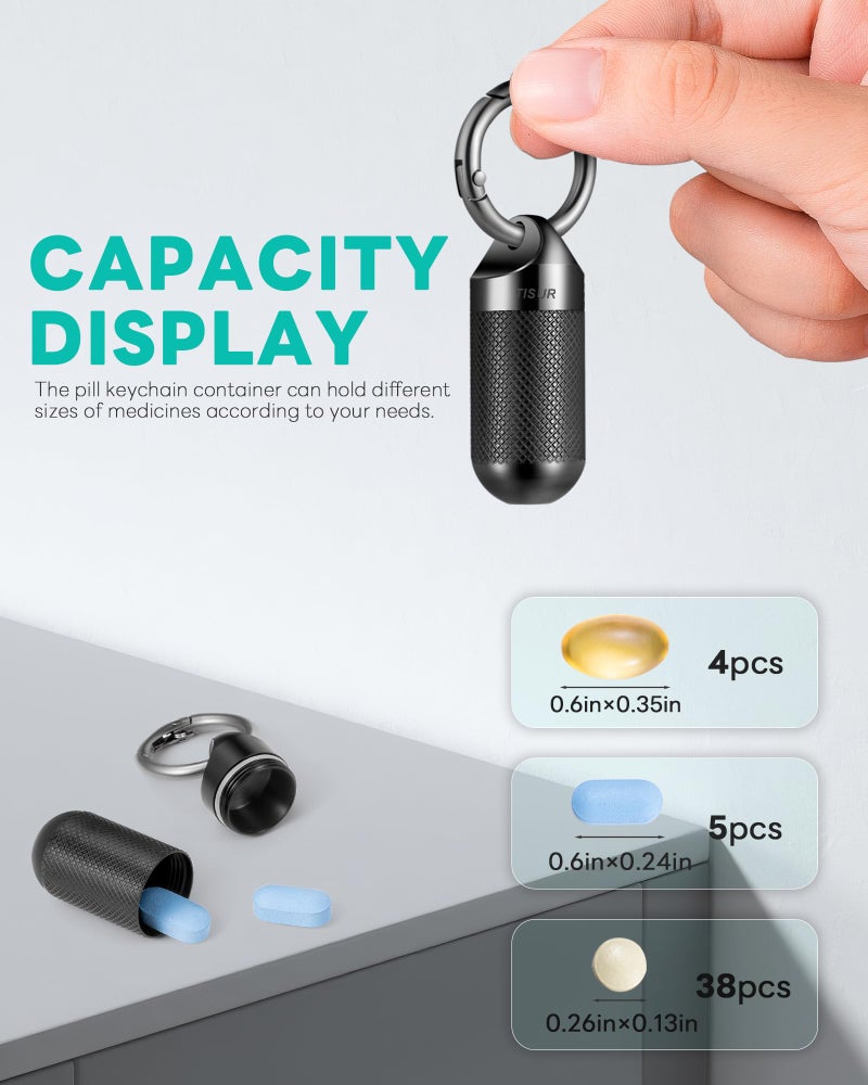 TISUR Small Pill Keychain Container, Mini Portable Titanium Keychain Pill Holder, Pocket Travel Bottle Metal Purse Box Case Black (Large Black-0.63inch) - Image 3