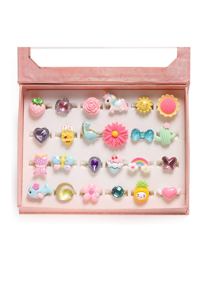 NIBEMINENT Adjustable Kids Rings, SYOSI 24Pcs Girl Jewel Rings Set for 4 5 6 7 8 9 10 11 12 Year Old Birthday Gifts Dress Up Jewelry Set, Lovely Ring Toys, Multiple Styles, No Duplication - Image 1
