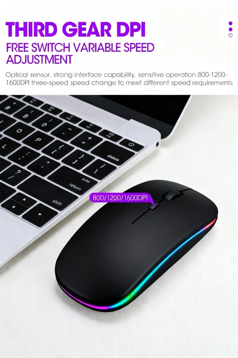 ماوس لاسلكي بلوتوث، بلوتوث 5.1 + مستقبل لاسلكي 2.4GHz USB، ماوس صامت قابل للشحن عبر Type-C للكمبيوتر اللوحي اللابتوب الهاتف الذكي، 3 مستويات DPI قابلة للتعديل مع إضاءة خلفية RGB (أسود) - Image 2