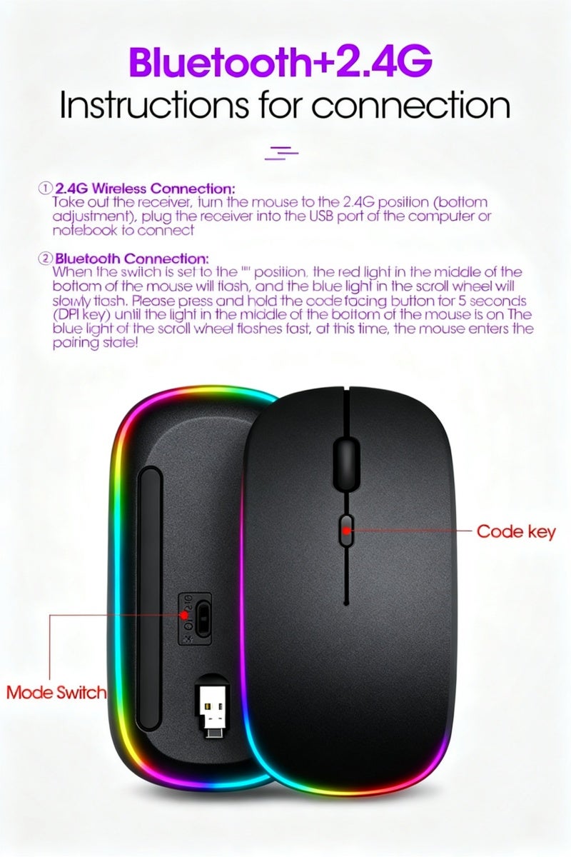 ماوس لاسلكي بلوتوث، بلوتوث 5.1 + مستقبل لاسلكي 2.4GHz USB، ماوس صامت قابل للشحن عبر Type-C للكمبيوتر اللوحي اللابتوب الهاتف الذكي، 3 مستويات DPI قابلة للتعديل مع إضاءة خلفية RGB (أسود) - Image 5