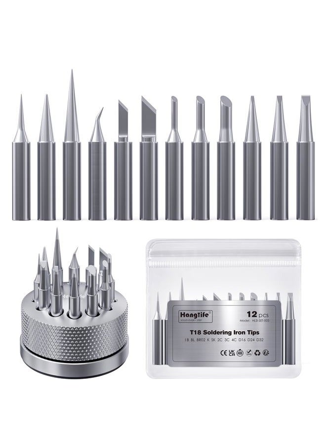 HANGLIFE T18 Soldering Iron Tips with Tip Holder for Hakko FX-888D FX-888 FX8801 FX-600, and More Soldering Stations/Guns - Replacement Solder Tips for Welding Equipment & Accessories (12 pcs) - Image 1