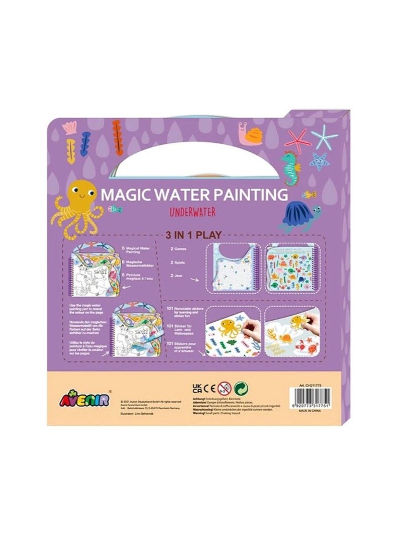 Avenir Magic Water Painting Underwater 6 Reusable Coloring Surfaces, 2 Sheets of Repositionable Stickers, and Refillable Water Pen, Easy to Carry Kids 5+ - Image 2