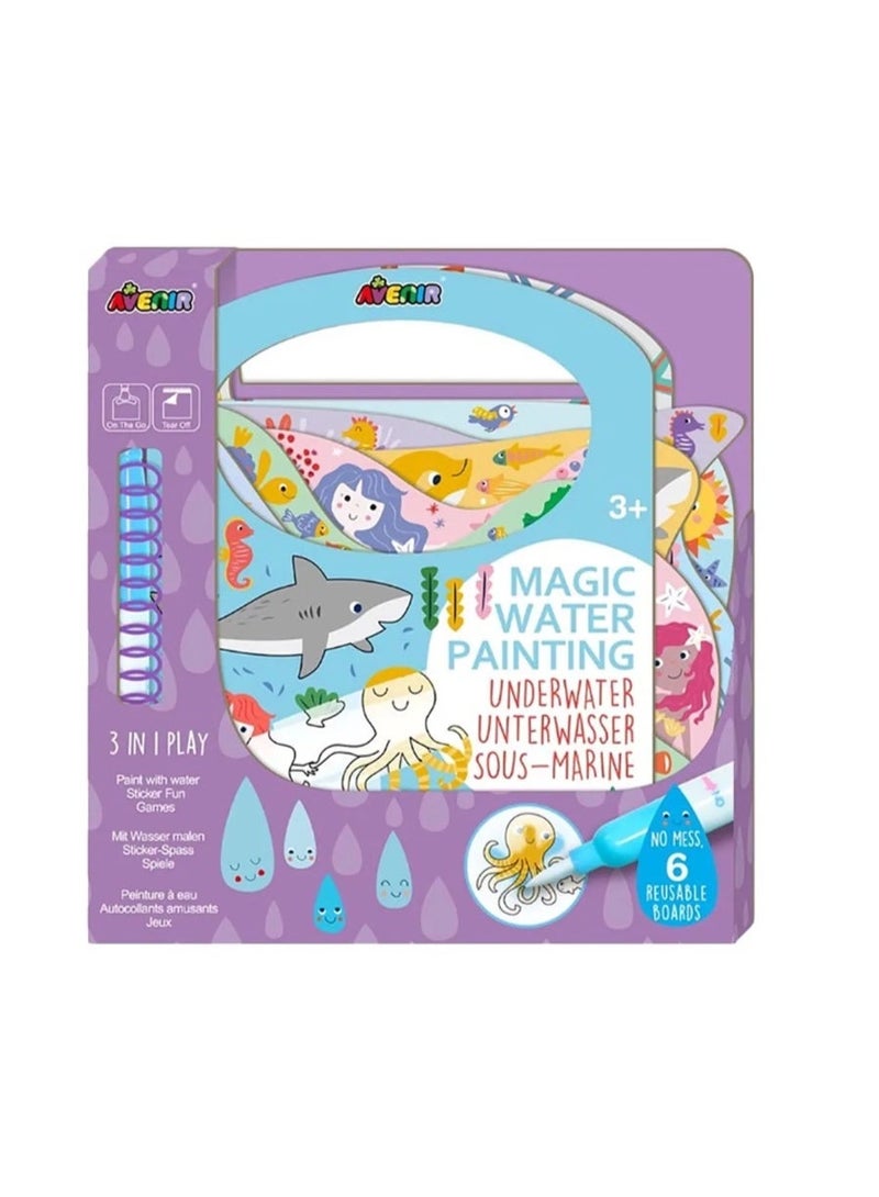 Avenir Magic Water Painting Underwater 6 Reusable Coloring Surfaces, 2 Sheets of Repositionable Stickers, and Refillable Water Pen, Easy to Carry Kids 5+ - Image 1
