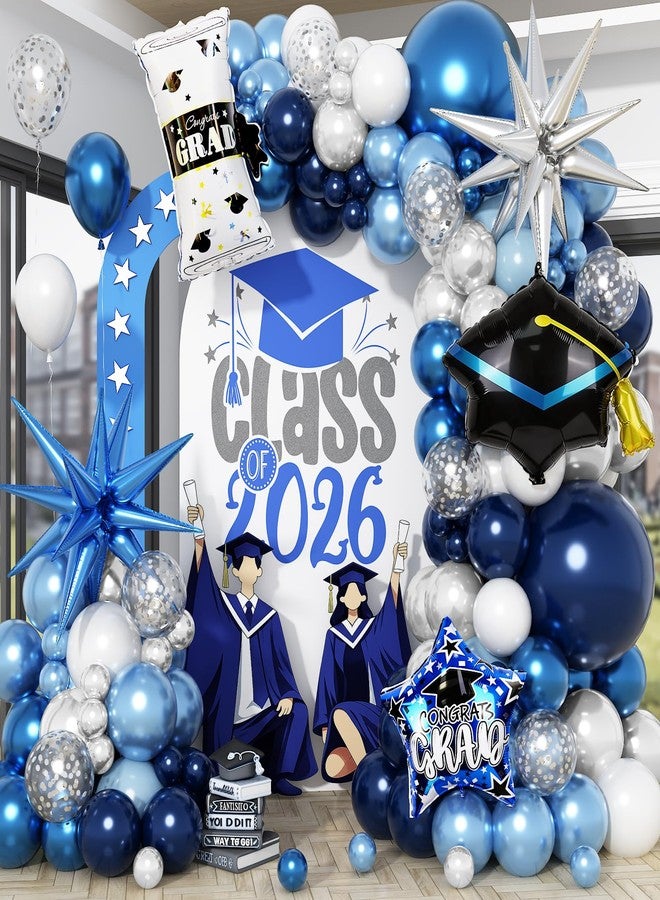 طقم قوس بالونات التخرج الأزرق لعام 2026، زينة تخرج باللونين الأزرق والأبيض مع بالونات على شكل قبعة تخرج وشهادة ونجمة من رقائق معدنية لتهنئة خريجي دفعة 2026 واحتفالات وتزيين الحفلات. - Image 1