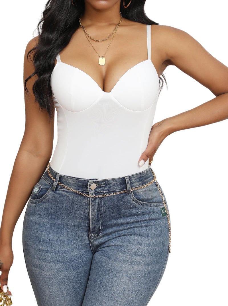 Hilinker Women's Sexy V Neck Sleeveless Spaghetti Strap Bustier Bodysuit White Medium - Image 4