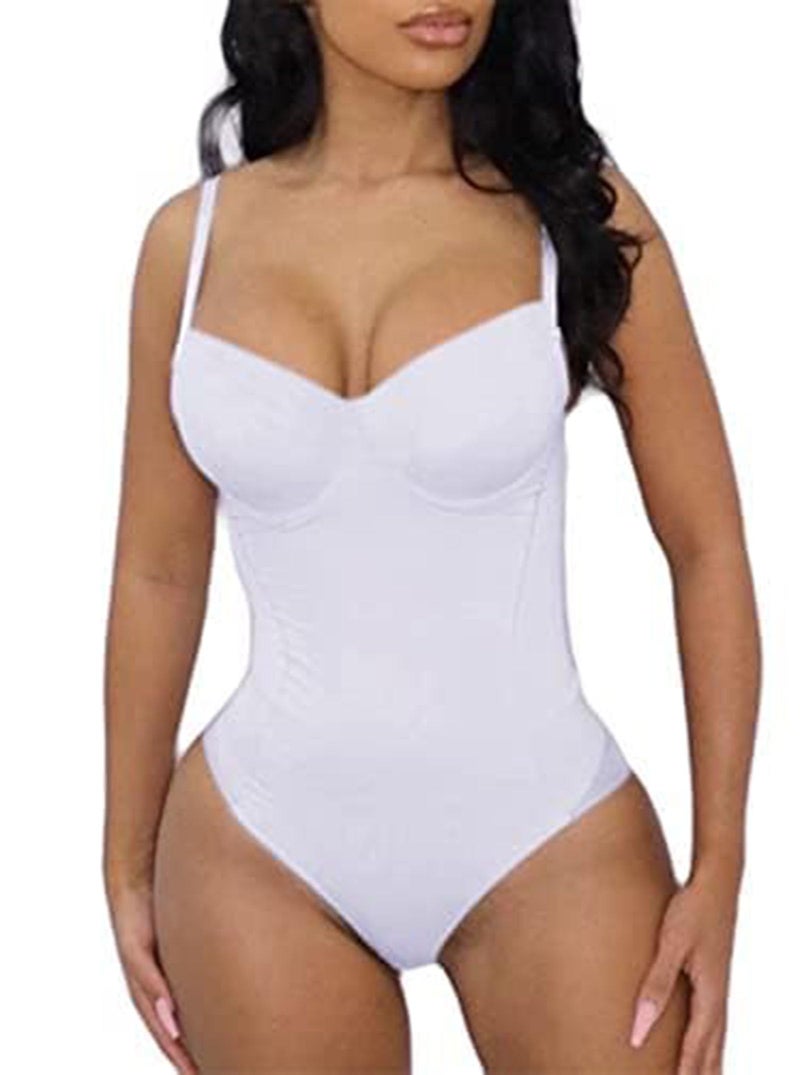 Hilinker Women's Sexy V Neck Sleeveless Spaghetti Strap Bustier Bodysuit White Medium - Image 1