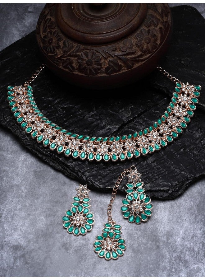 Sukkhi Admirable Fashionable AD Green Stones Collar Bone Necklace Set With Earring And Maangtika | Jewellery Set For Women (NS105557) - Image 3