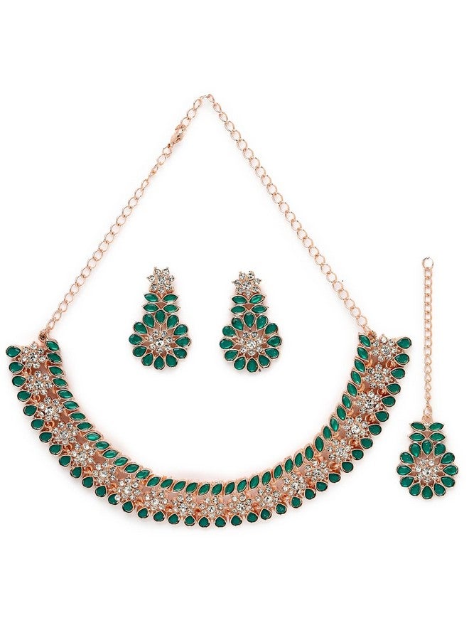 Sukkhi Admirable Fashionable AD Green Stones Collar Bone Necklace Set With Earring And Maangtika | Jewellery Set For Women (NS105557) - Image 1