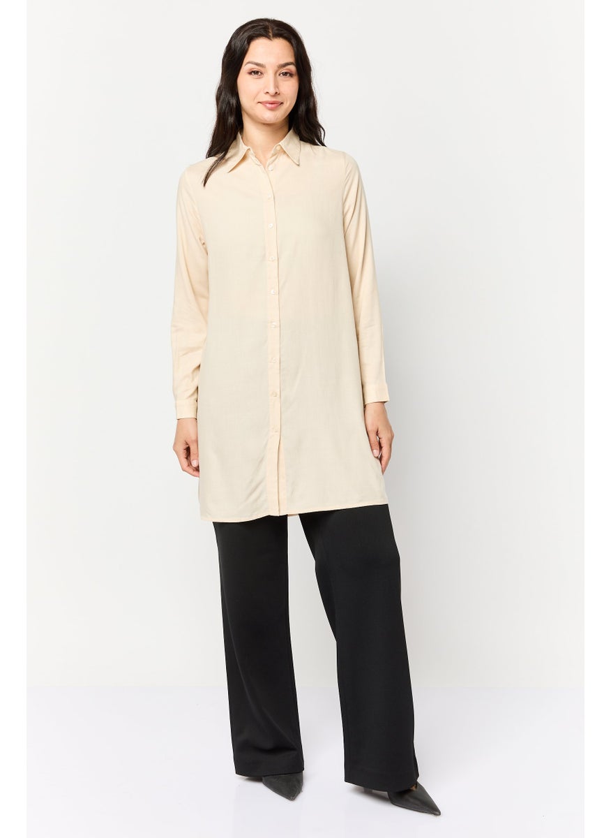 Kathy Ireland Women Spread Collar Long Sleeve Plain Blouse, Beige  - Image 2