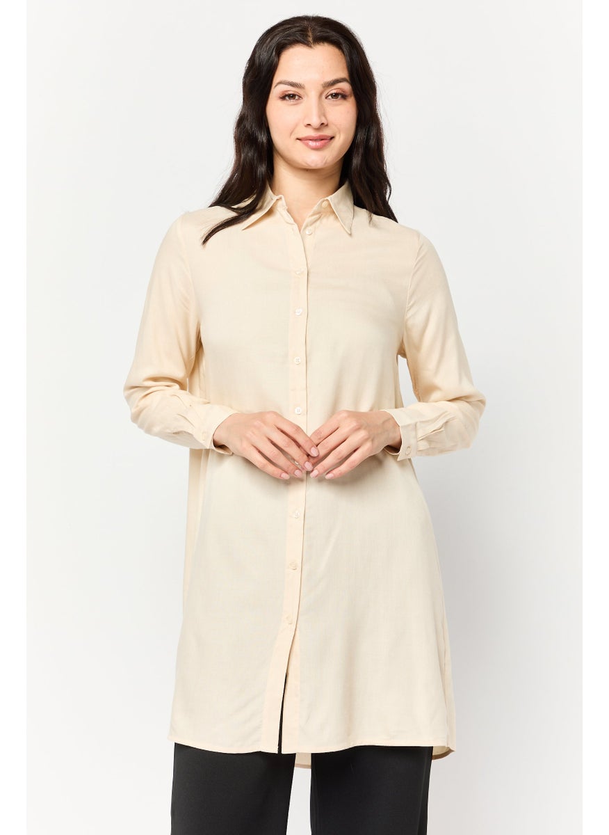Kathy Ireland Women Spread Collar Long Sleeve Plain Blouse, Beige  - Image 1