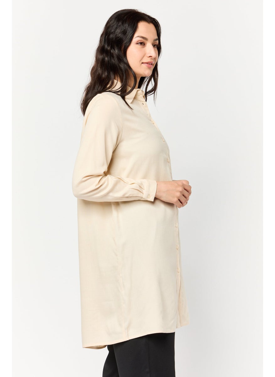 Kathy Ireland Women Spread Collar Long Sleeve Plain Blouse, Beige  - Image 4