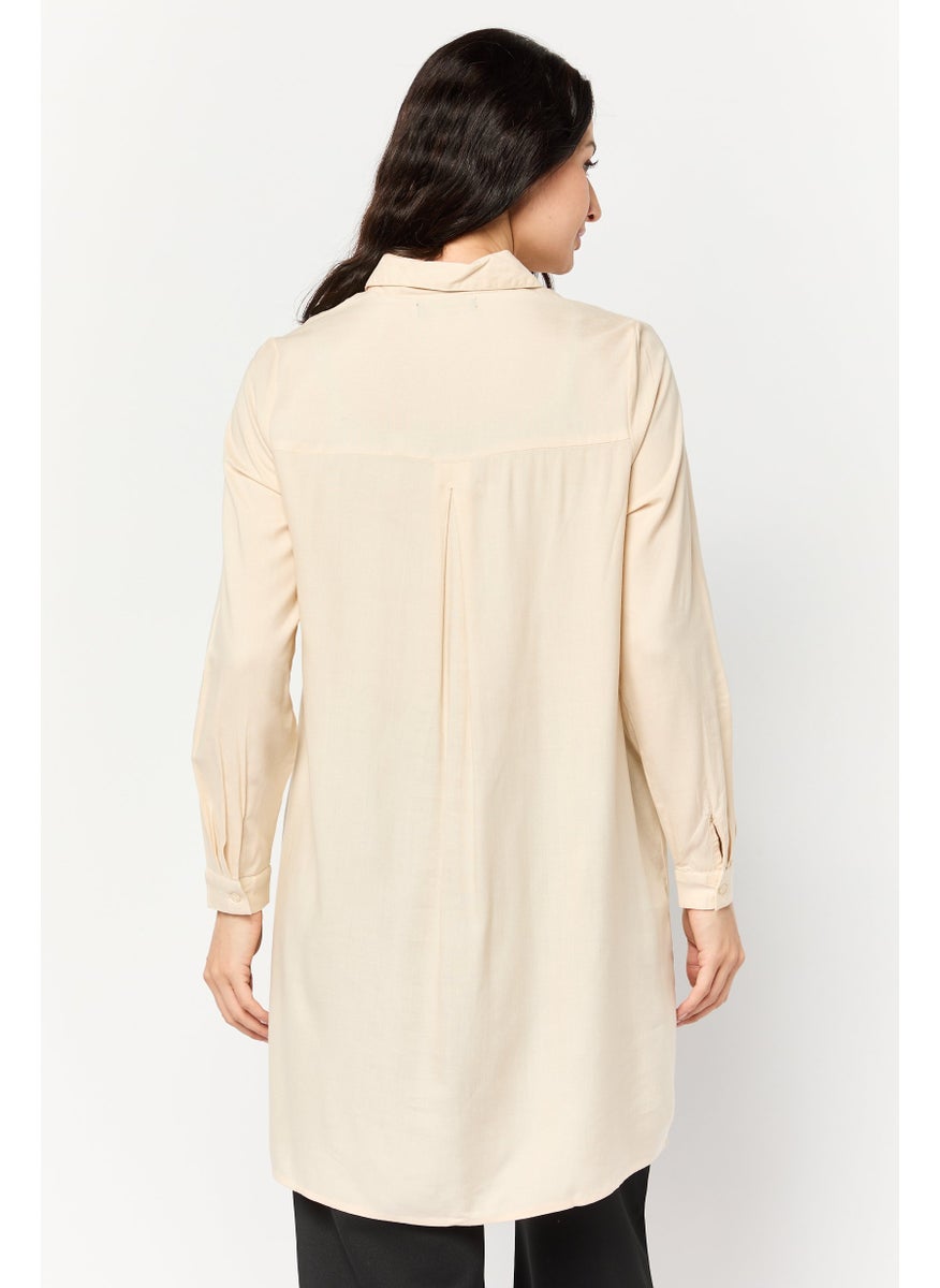 Kathy Ireland Women Spread Collar Long Sleeve Plain Blouse, Beige  - Image 3